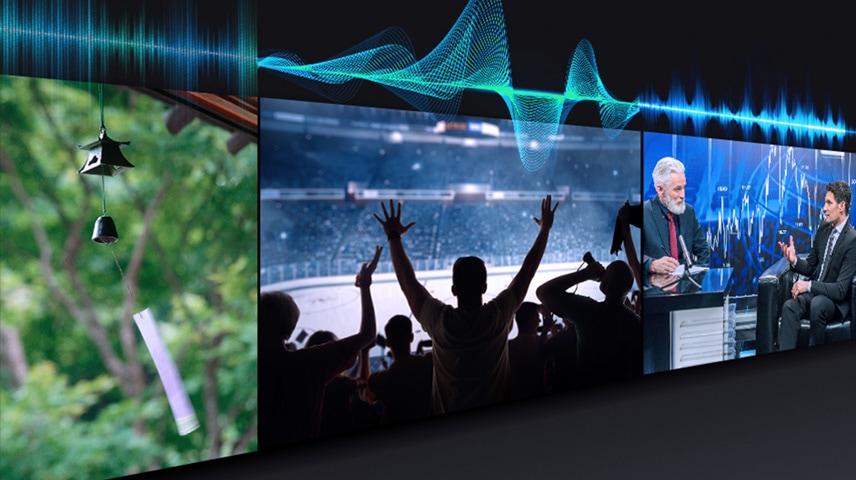 Three OLED TVs play audio differently, indicated by audio bars above the TVs, optimized for the type of content being played.